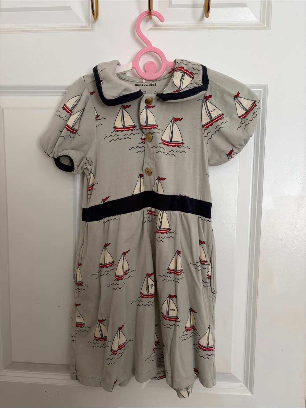 Mini Rodini Light Gray Sailboat Print Dress with Navy Trim